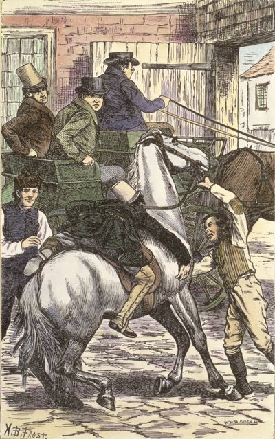 温克尔先生登上他的骏马，来自查尔斯狄更斯（1812-70）1837年的“匹克威克论文”插图（彩色版画） 作者 亚瑟·伯迪特·弗罗斯特